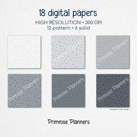 Silver Snowflake Digital Paper, Grey Winter Scrapbook Backgrounds, Minimalist Holiday Patterns, Falling Snow Pages