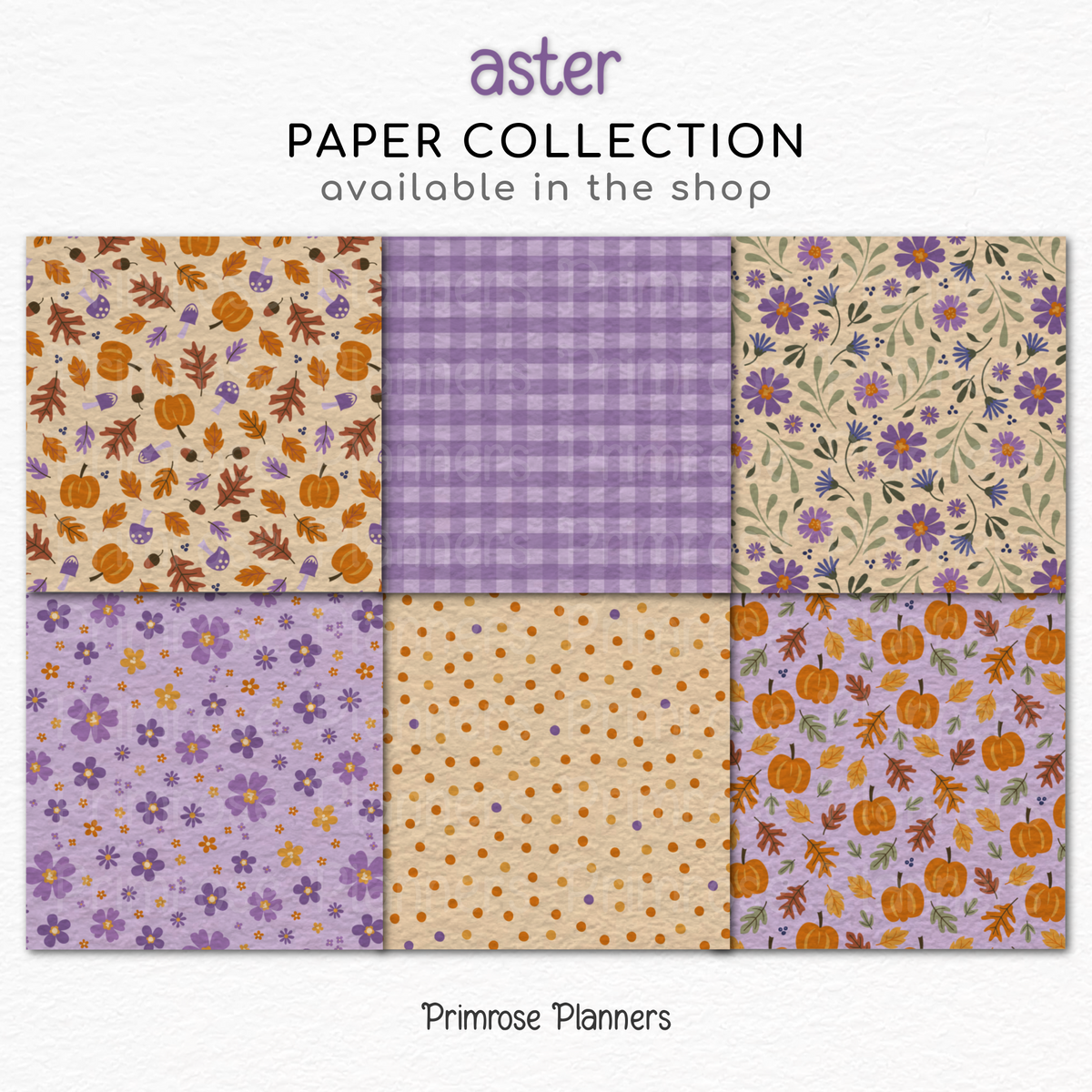 Cozy Fall Digital Paper Bundle, Purple Orange Mustard Patterns, Seamless Plaid Pumpkin Mushroom Backgrounds for Planner & Scrapbook