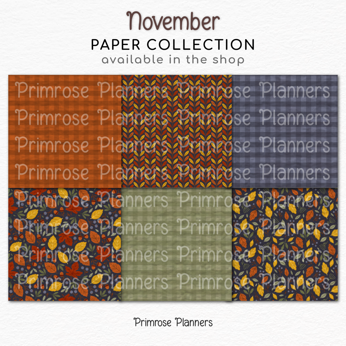 November Fall Scrapbook Paper, Dark Autumn Botanical Backgrounds, Navy Blue Mustard Yellow Plaid, Cozy Acorn Leaf Digital Paper Sets