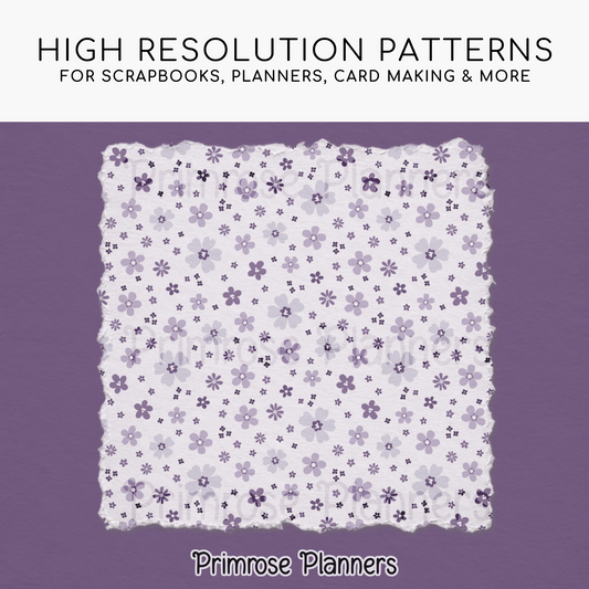 Frosted Lilac Botanical Digital Paper, Muted Purple Floral Scrapbook Backgrounds, Lavender Star & Chevron Patterns, Minimalist Pages