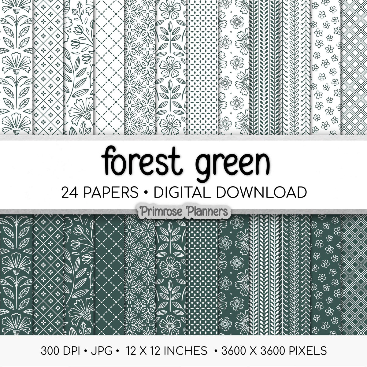 Forest Green and White Digital Paper, Minimalist Boho Patterns, Dark Pine Scrapbooking, Winter & Woodland Print