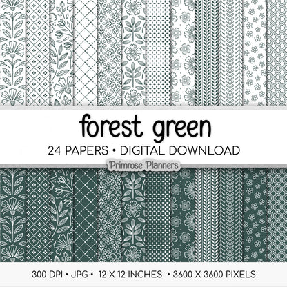 Forest Green and White Digital Paper, Minimalist Boho Patterns, Dark Pine Scrapbooking, Winter & Woodland Print