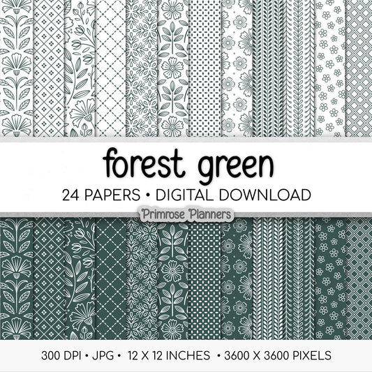 Forest Green and White Digital Paper, Minimalist Boho Patterns, Dark Pine Scrapbooking, Winter & Woodland Print