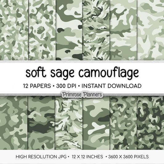 Aesthetic Sage Camo Digital Paper, Soft Green Army Pattern, Neutral Rustic Scrapbooking Paper, Cottagecore Camouflage Background