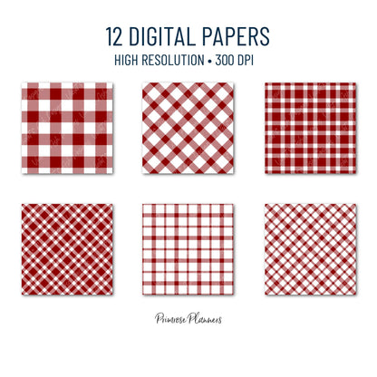 Seamless Dark Red Plaid Digital Paper, Buffalo Check, White Tartan Patterns, Christmas Scrapbook, Commercial Use, 300 DPI
