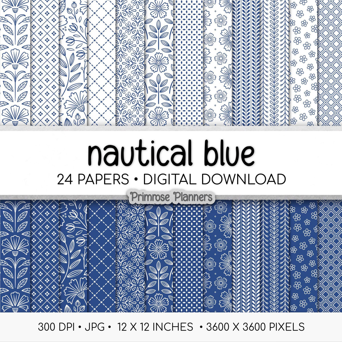 Nautical Blue Digital Paper Minimal Boho | Navy White Patterns | Dainty Coastal Scrapbook Pack