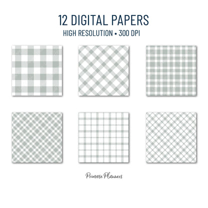 Seamless Grey Plaid Digital Paper, Buffalo Check, Light Gray Tartan Patterns, Modern Farmhouse, Commercial Use, 300 DPI