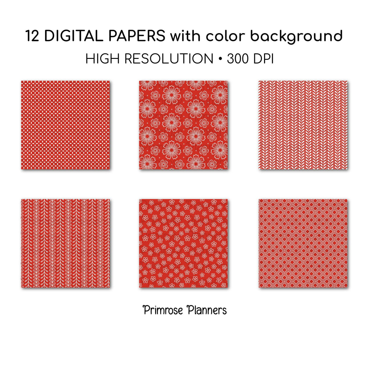 Red Digital Paper Pack, Minimal Boho Floral Patterns, Bright Red & White Scrapbook Paper, Classic Botanical Background