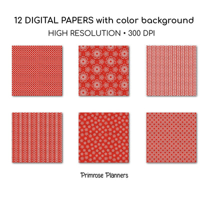 Red Digital Paper Pack, Minimal Boho Floral Patterns, Bright Red & White Scrapbook Paper, Classic Botanical Background
