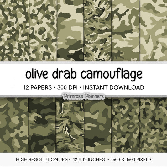 Olive Drab Camouflage Digital Paper Pack (12 JPG Files)