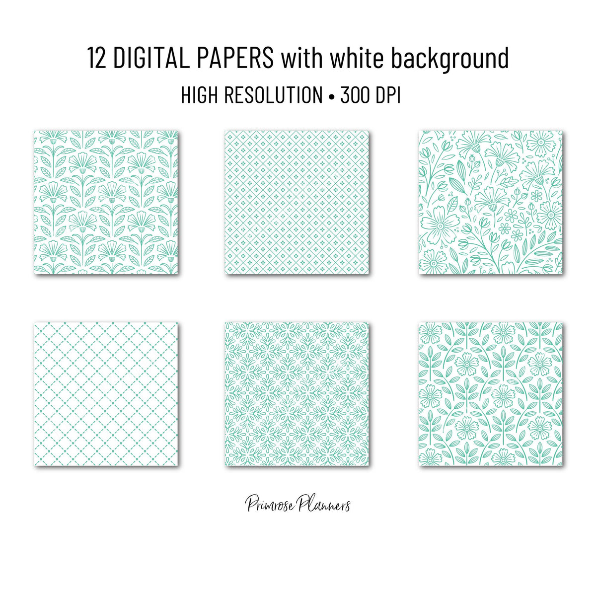 Bright Mint Green Digital Paper Minimal Boho | White Pastel Aqua Patterns | Dainty Floral Scrapbook Pack