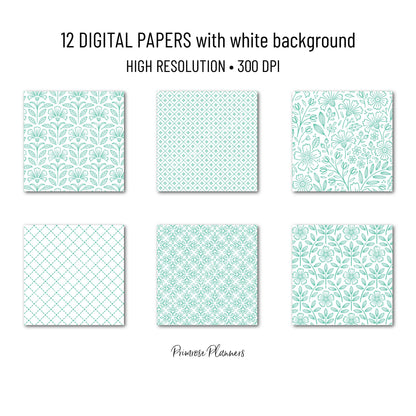 Bright Mint Green Digital Paper Minimal Boho | White Pastel Aqua Patterns | Dainty Floral Scrapbook Pack