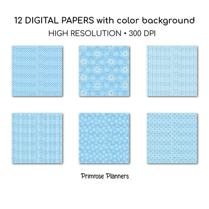 Sky Blue and White Digital Paper, Minimalist Boho Patterns, Cloud Blue Scrapbooking, Baby Boy & Nursery Print