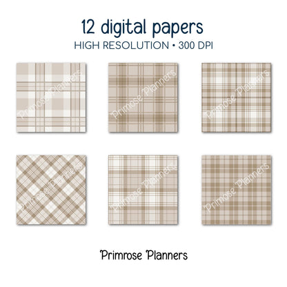 Seamless Mocha Brown Plaid Digital Paper, Buffalo Check, Warm Latte Tartan Patterns, Neutral Fall Scrapbook, Commercial Use, 300 DPI
