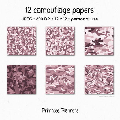 Mauve Camouflage Digital Paper, Rose Pink Scrapbook Backgrounds (Instant Download)