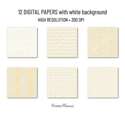 Boho Gold Digital Paper | Minimalist Mustard Yellow & White Patterns | Abstract Organic Shapes | Modern Printable Scrapbook Backgrounds