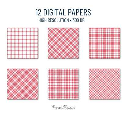 Seamless Coral Pink Plaid Digital Paper, Buffalo Check, Red and White Tartan Patterns, Spring Summer Scrapbook, Commercial Use, 300 DPI