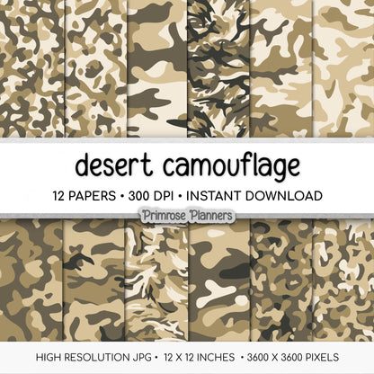 Desert Camouflage Digital Paper Pack, Dusty Brown Army Craft Pattern (Instant Download)