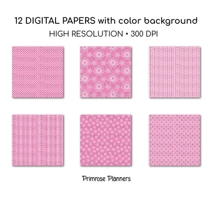 Bubblegum and White Digital Paper, Minimalist Boho Patterns, Vibrant Candy Pink Scrapbooking, Preppy Planner Print