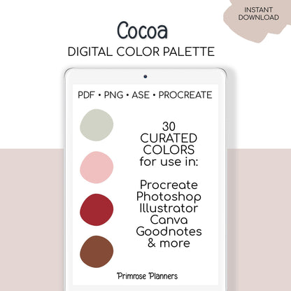Cocoa Procreate Palette & Photoshop Swatches, Chocolate Brown Maroon Blush Pink Sage Green, Cozy Warm, Hex Codes