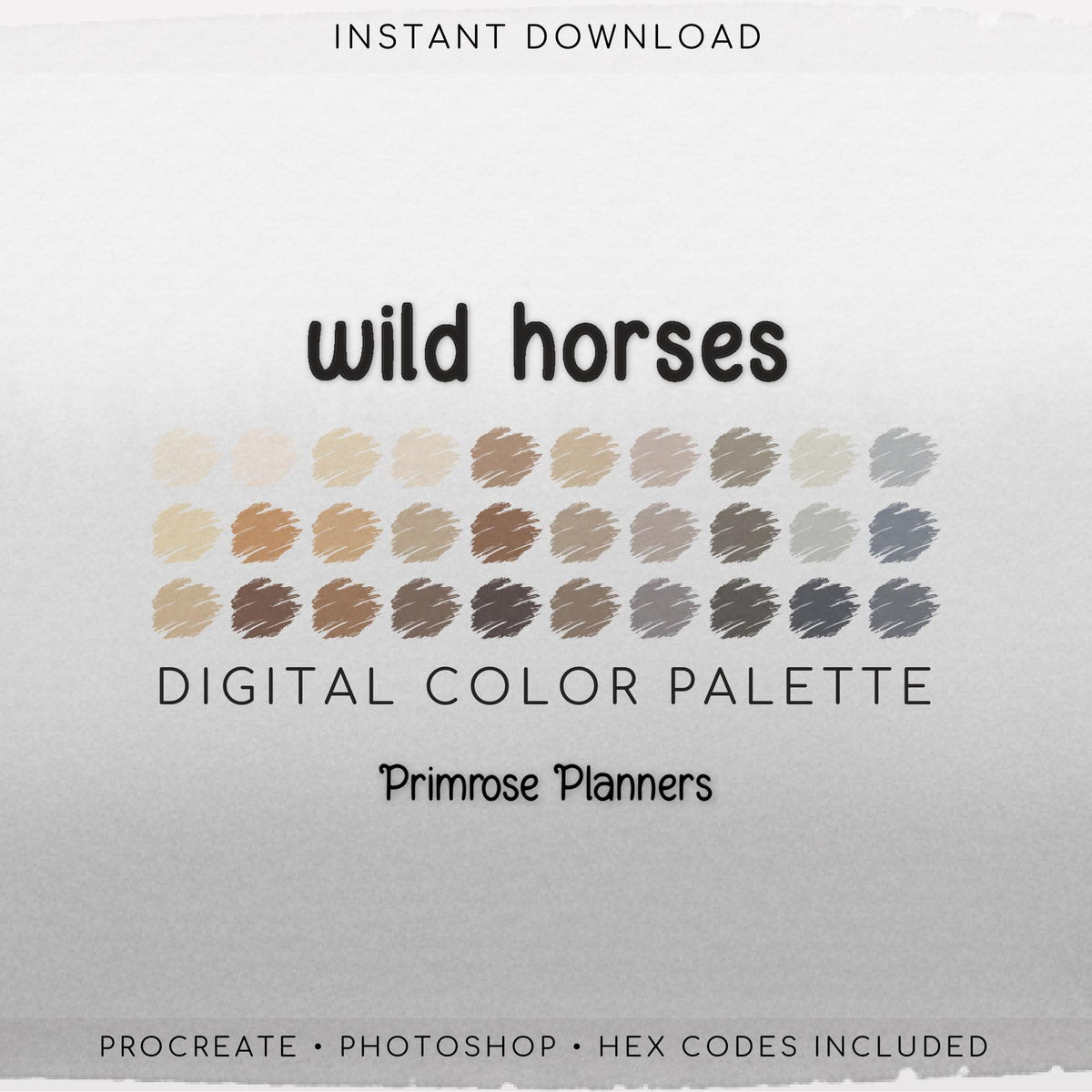 Wild Horse Procreate Palette & Photoshop Swatches, Western Equine Neutrals, Beige Tan Brown Gray Cream, Mustang, Hex Codes
