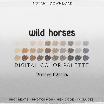 Wild Horse Procreate Palette & Photoshop Swatches, Western Equine Neutrals, Beige Tan Brown Gray Cream, Mustang, Hex Codes