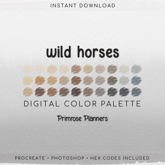Wild Horse Procreate Palette & Photoshop Swatches, Western Equine Neutrals, Beige Tan Brown Gray Cream, Mustang, Hex Codes