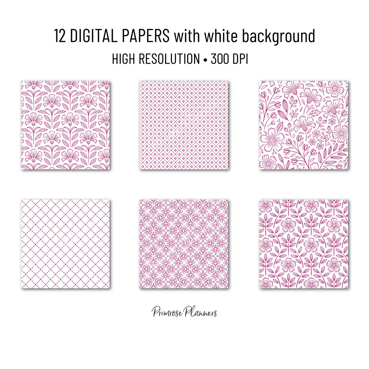 Magenta and White Floral Digital Paper, Minimalist Boho Patterns, Vibrant Fuchsia Scrapbooking, Bold Planner Print
