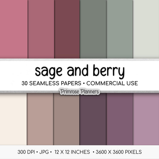 Muted Berry Sage Solid Color Digital Paper Pack | Muted Berry, Plum & Sage Green | Boho Romantic Palette | Seamless 300 DPI Commercial Use