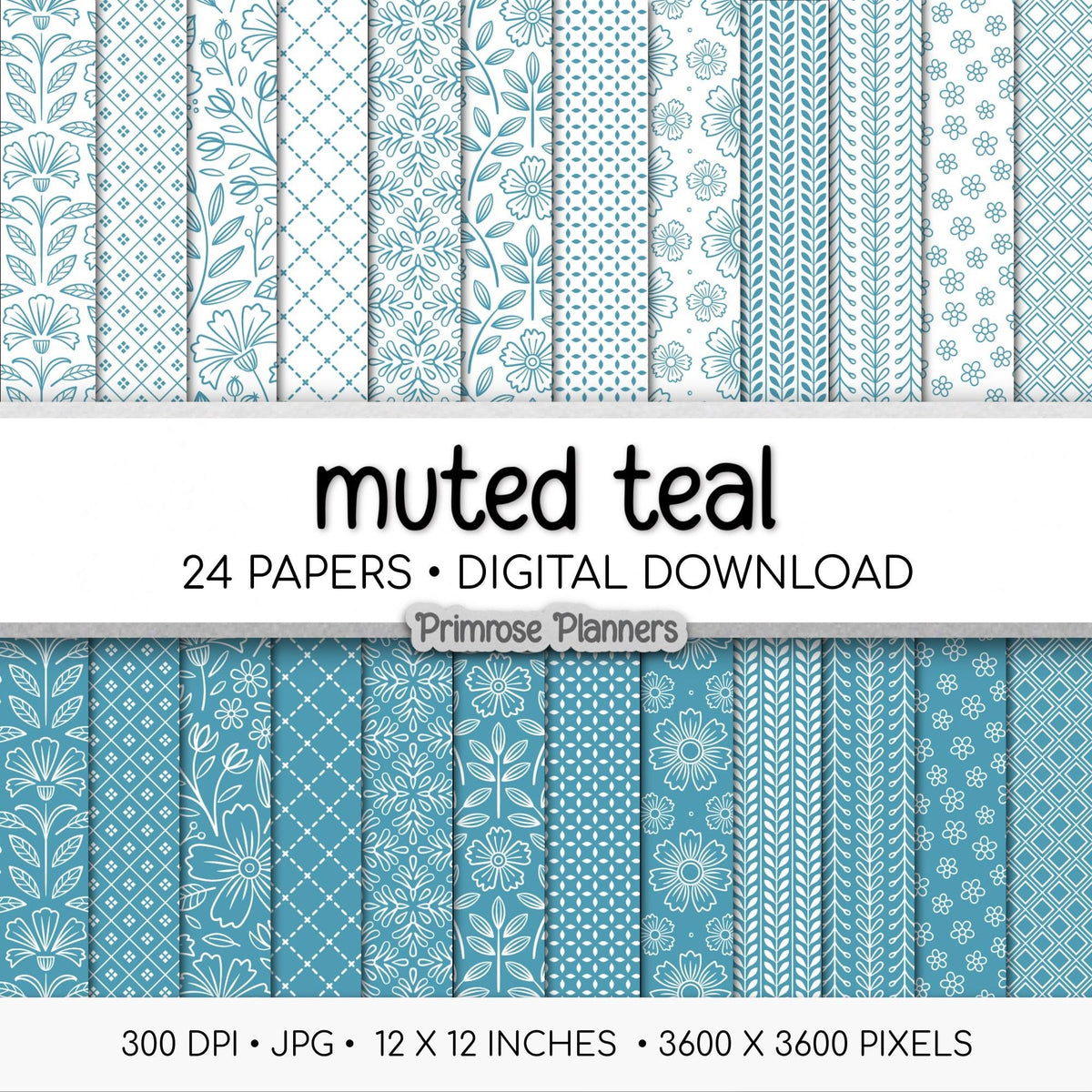 Muted Teal Floral Digital Paper, Minimal White Flower Patterns, Dusty Blue Green Scrapbook Backgrounds