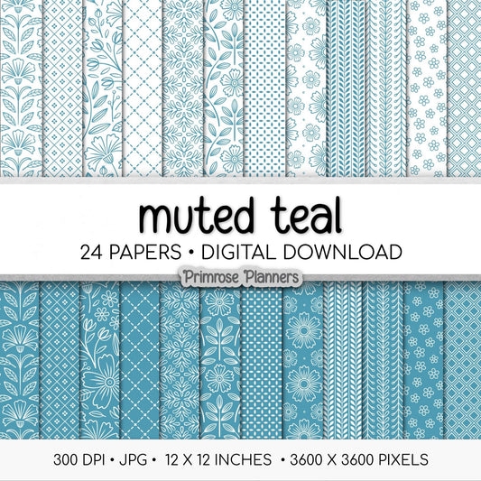 Muted Teal Floral Digital Paper, Minimal White Flower Patterns, Dusty Blue Green Scrapbook Backgrounds