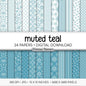 Muted Teal Floral Digital Paper, Minimal White Flower Patterns, Dusty Blue Green Scrapbook Backgrounds