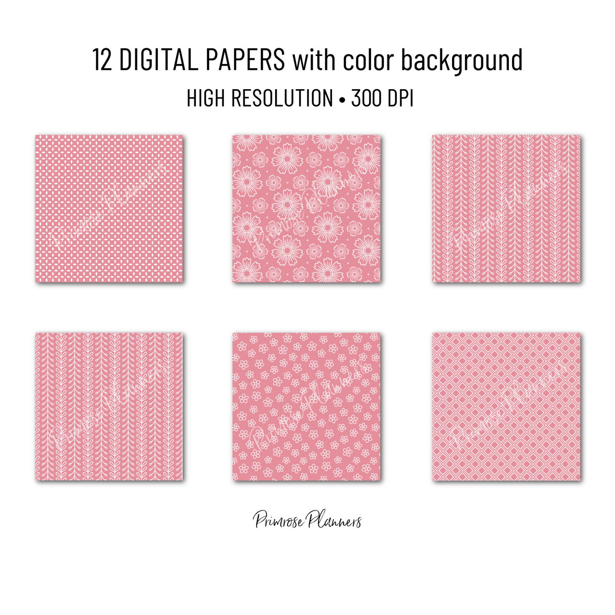 Sweet Pink and White Digital Paper, Minimalist Boho Patterns, True Pink Scrapbooking, Baby Girl & Nursery Print