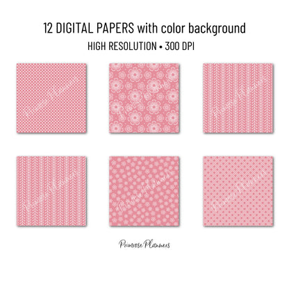 Sweet Pink and White Digital Paper, Minimalist Boho Patterns, True Pink Scrapbooking, Baby Girl & Nursery Print