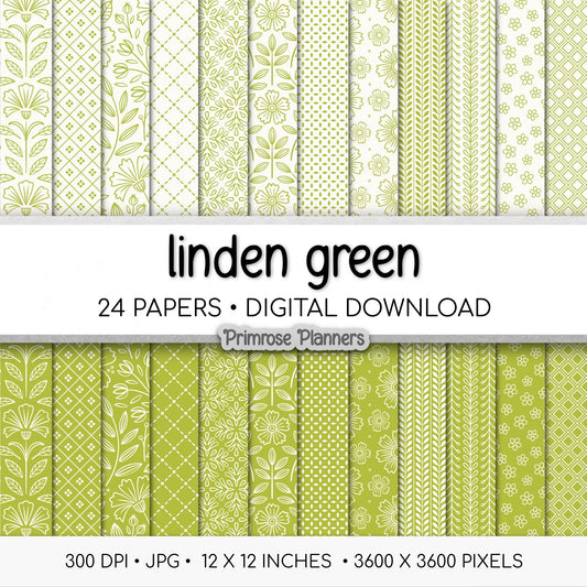 Linden Green Digital Paper | Minimal Floral, Geometric Patterns | Spring Botanical, White | Cottagecore Scrapbook Backgrounds