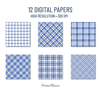 Seamless Blueberry Blue Plaid Digital Paper, Buffalo Check, Dark Navy Tartan Patterns, Summer Scrapbook, Commercial Use, 300 DPI