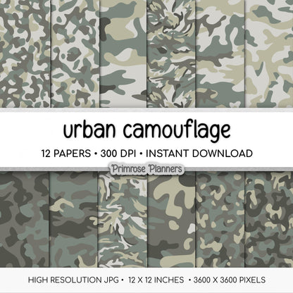 Urban Camouflage Digital Paper, Grey Black White Army Pattern, Scrapbook Backgrounds (Instant Download)