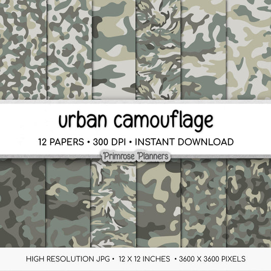 Urban Camouflage Digital Paper, Grey Black White Army Pattern, Scrapbook Backgrounds (Instant Download)