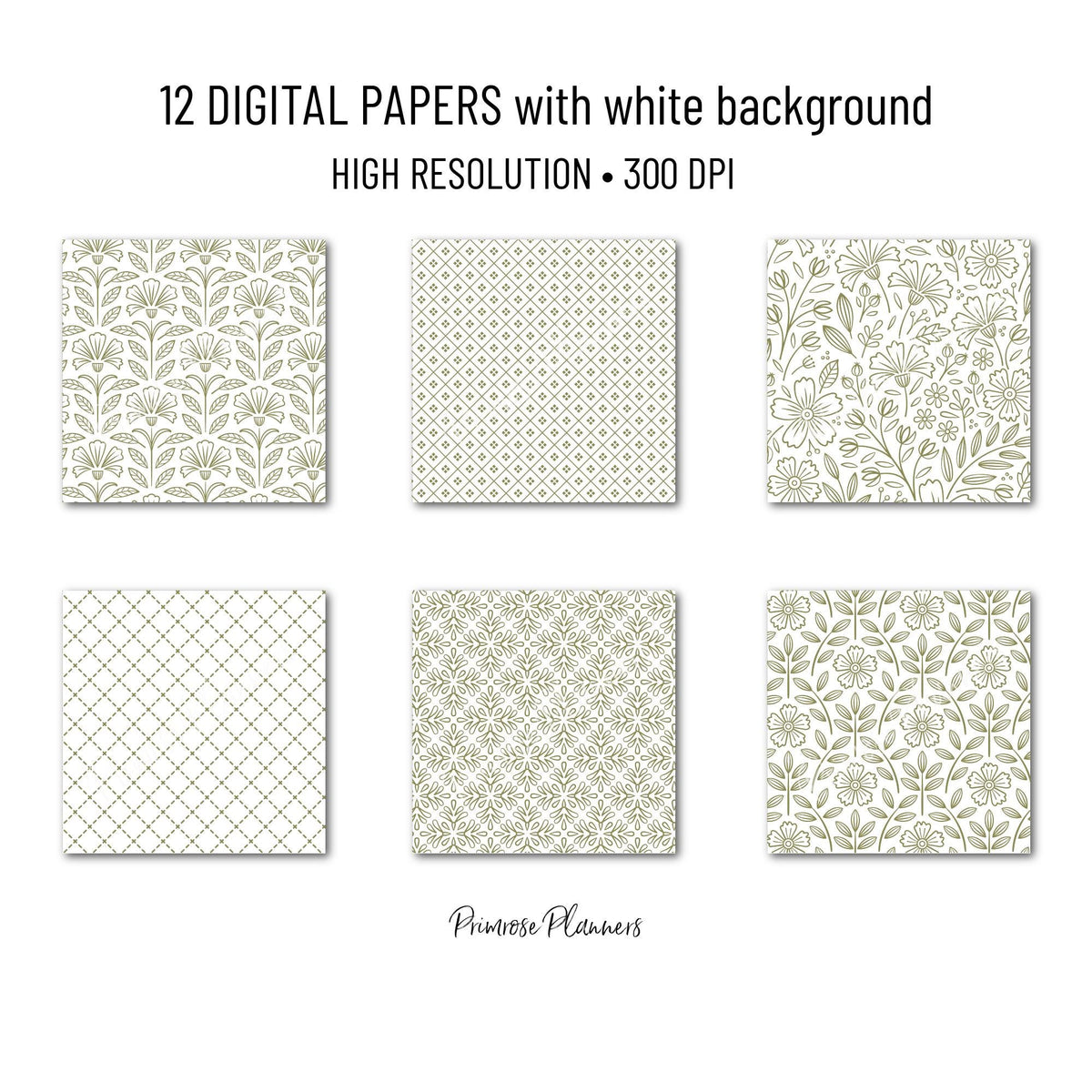 Martini Olive Green Floral Digital Paper, Minimal White Flower Patterns, Dark Earthy Scrapbook Backgrounds