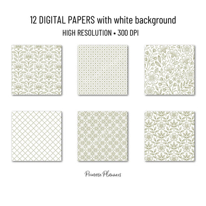Martini Olive Green Floral Digital Paper, Minimal White Flower Patterns, Dark Earthy Scrapbook Backgrounds