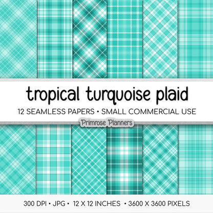 Seamless Tropical Turquoise Plaid Digital Paper, Bright Aqua White Buffalo Check, Summer Ocean Backgrounds, Beach Vacation, Commercial Use