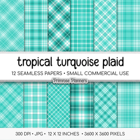 Seamless Tropical Turquoise Plaid Digital Paper, Bright Aqua White Buffalo Check, Summer Ocean Backgrounds, Beach Vacation, Commercial Use