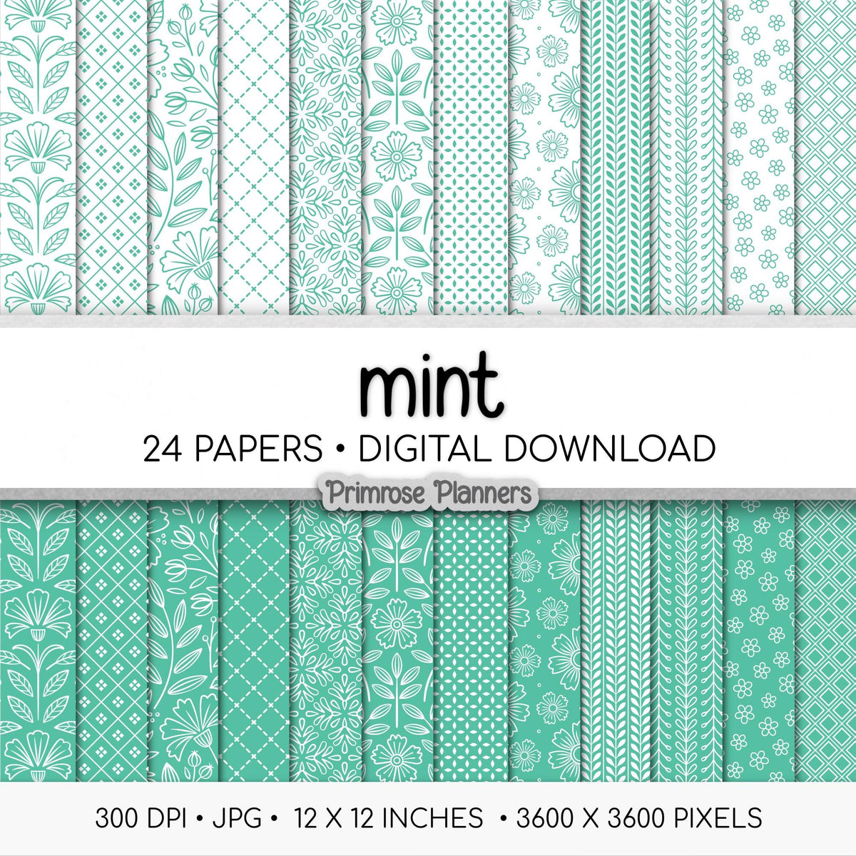 Bright Mint Green Digital Paper Minimal Boho | White Pastel Aqua Patterns | Dainty Floral Scrapbook Pack