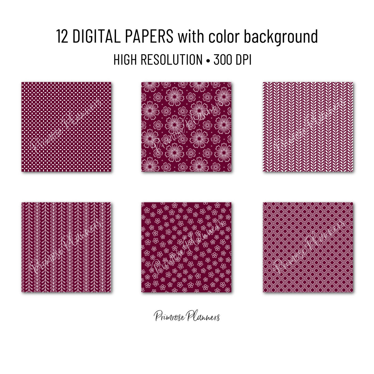 Burgundy Jam Red Floral Digital Paper, Minimal White Flower Seamless Patterns, Deep Wine Scrapbook Backgrounds