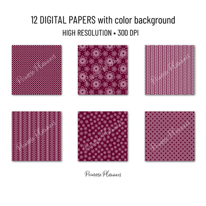 Burgundy Jam Red Floral Digital Paper, Minimal White Flower Seamless Patterns, Deep Wine Scrapbook Backgrounds