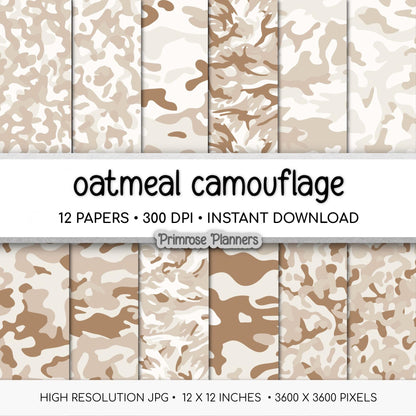 Beige Camouflage Print Digital Paper, Oatmeal Cream Army Pattern, Boho Hunting Scrapbook Backgrounds, Neutral Camo Craft Paper