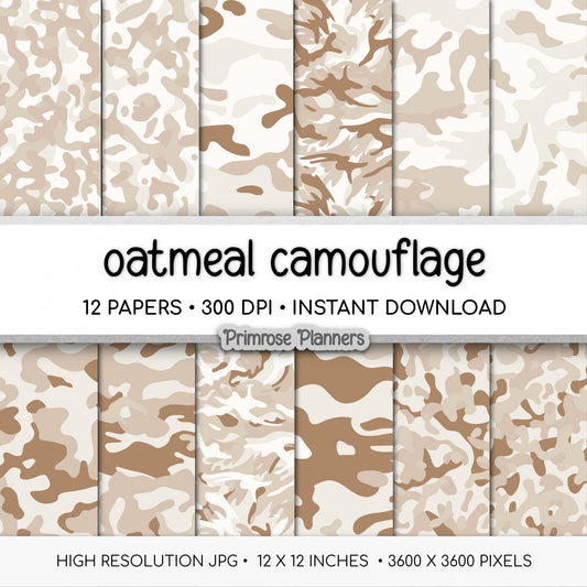 Beige Camouflage Print Digital Paper, Oatmeal Cream Army Pattern, Boho Hunting Scrapbook Backgrounds, Neutral Camo Craft Paper