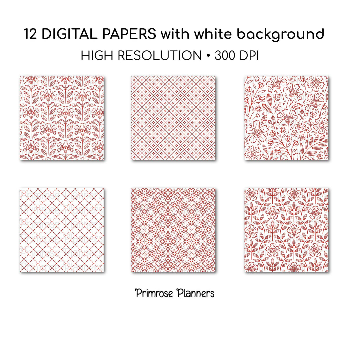 Red Digital Paper Pack, Minimal Boho Floral Patterns, Bright Red & White Scrapbook Paper, Classic Botanical Background