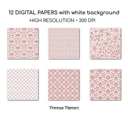 Red Digital Paper Pack, Minimal Boho Floral Patterns, Bright Red & White Scrapbook Paper, Classic Botanical Background