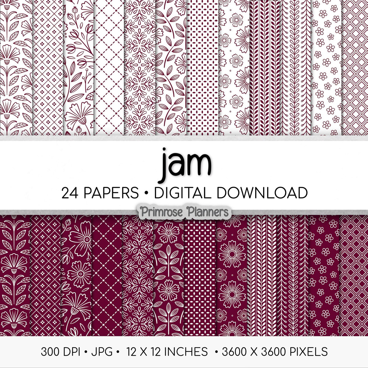 Burgundy Jam Red Floral Digital Paper, Minimal White Flower Seamless Patterns, Deep Wine Scrapbook Backgrounds
